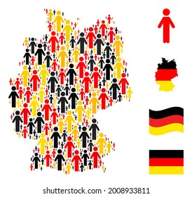 Germany state map mosaic in Germany flag official colors - red, yellow, black. Vector person design elements are organized into stylized Germany map illustration.