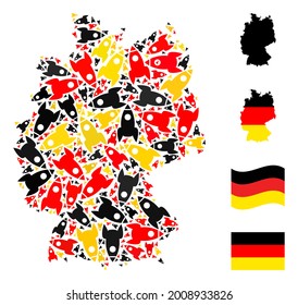 Deutschland Bundesland Karte Mosaik in Deutschland Flaggenfarben - rot, gelb, schwarz. Vektorraketenelemente werden zu konzeptionellem deutschen Kartenmosaik geformt.