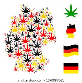 Germany state map mosaic in German flag official colors - red, yellow, black. Vector cannabis leaf design elements are united into stylized Germany map composition.