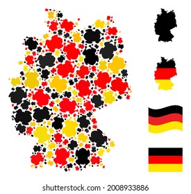 Germany state map mosaic in German flag official colors - red, yellow, black. Vector fried chicken body icons are organized into mosaic Germany map abstraction.