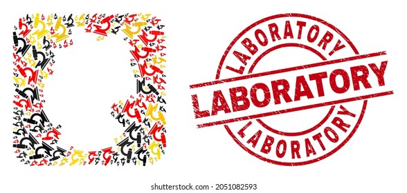 Germany state map mosaic in German flag official colors - red, yellow, black, and textured Laboratory red round stamp imitation. Laboratory stamp uses vector lines and arcs.