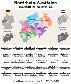 Germany state North Rhine-Westphalia high detailed vector map with largest cities skylines silhouettes