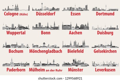 Germany state North Rhine-Westphalia largest cities skylines in black and white color palette vector set svg