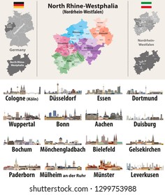 Germany state's North Rhine-Westphlia map with largest cities skylines. Vector set svg