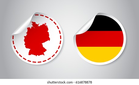 Germany sticker with flag and map. Label, round tag with country. Vector illustration on gray background.