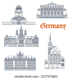 Germany, Stuttgart and Leipzig architecture buildings, travel vector landmarks. Staatsoper Stuttgart opera, Leipzig Neues Rathaus, commerzbank commercial bank and Collegiate Church of Holy Cross