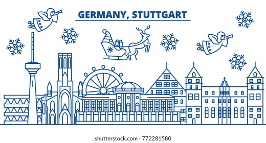 Germany, Stuttgart winter city skyline. Merry Christmas, Happy New Year decorated banner with Santa Claus.Winter greeting line card.Flat, outline vector.Linear christmas snow illustration