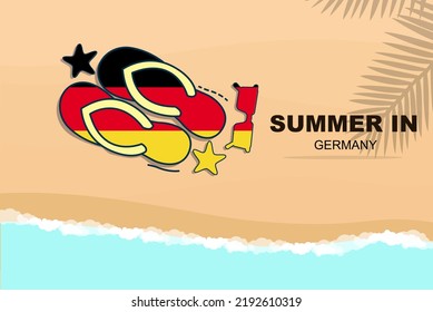 Germany summer holiday vector banner, beach vacation concept, flip flops sunglasses starfish on sand, copy space area, Germany summer travel and tourism idea with flag