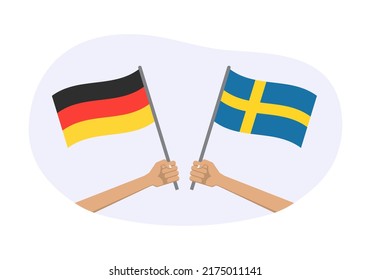 Germany and Sweden flags. German and Swedish national symbols. Hand holding waving flag. Vector illustration.