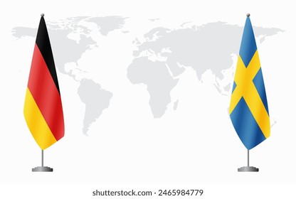 Germany and Sweden flags for official meeting against background of world map.