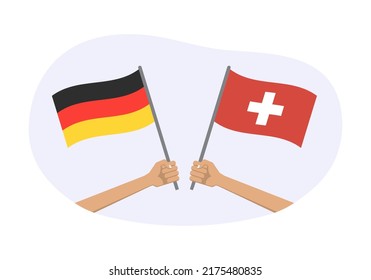 Germany and Switzerland flags. Canadian and Swiss national symbols. Hand holding waving flag. Vector illustration.