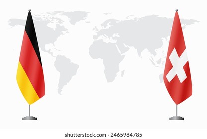 Banderas de Alemania y Suiza para la reunión oficial contra el fondo del mapa mundial.