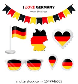 Germany symbols attributes. Heart, flags, glasses, buttons and garlands with civil and state German colors. Vector illustration for your graphic design.