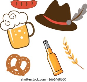 Germany Symbols. Beer, Bavarian sausage, National Hat, Pretzel