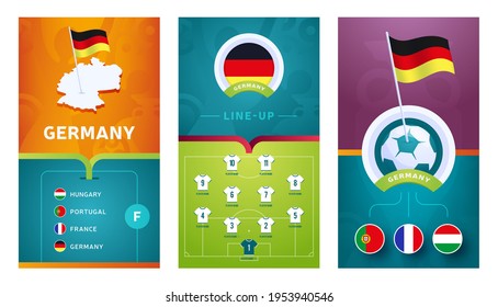 germany team European 2020 football vertical banner set for social media. euro 2020 Germany group F banner with isometric map, pin flag, match schedule and line-up on soccer field