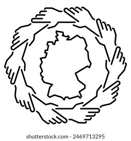 Germany teamwork icon, group of people holding arms around Germany map, community working together concept, helping hand, diversity and inclusion, isolated line vector illustration