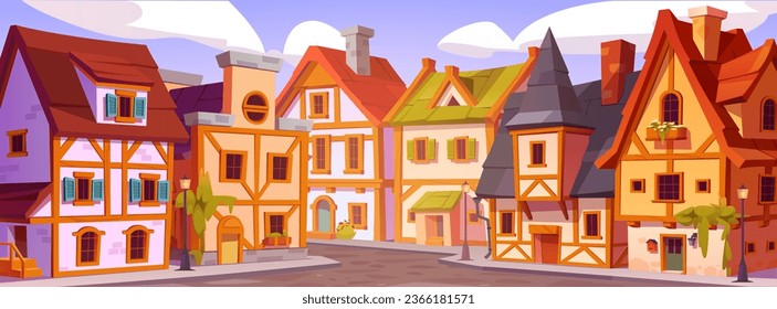 Germany town street. Old building in europe village vector landscape. Medieval european city cartoon fantasy background. Pavement texture road in ancient amsterdam with vintage cottage exterior