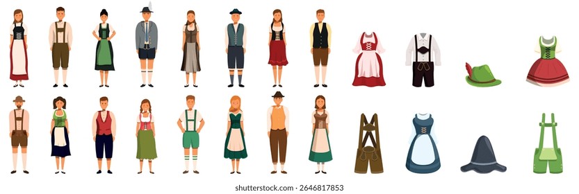 Germany traditional clothing icons set. Men and women wearing traditional bavarian costumes, including lederhosen, dirndl dresses, and hats, celebrating oktoberfest