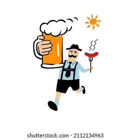 Germany traditional Octoberfest selebration with beer and hot dog. Single isolated decor element. Vector EPS clip art design in cartoon style.