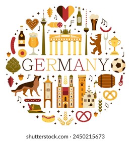 Tarjeta de viaje de Alemania con Baviera y las artes del Clip turístico del país. Estampado circular alemán con Elementos de diseño vintage colección de Lugares famosos, comida tradicional y símbolos culturales.