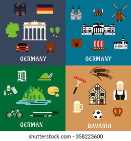 Germany travel and culture flat icons with national architecture  and landmarks, food and drinks, nature and industry, flag and map, culture and history elements