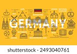 Germany travel, culture and landmark line icons, vector sightseeing attractions. Germany flag and national symbol of Berlin Bundestag, Brandenburg gate and Oktoberfest beer with cathedral architecture