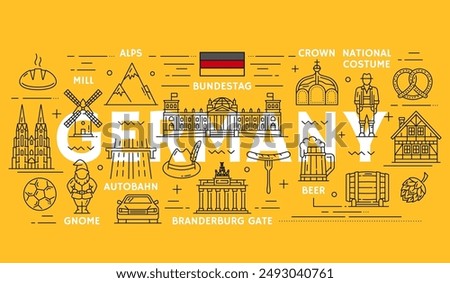 Germany travel, culture and landmark line icons, vector sightseeing attractions. Germany flag and national symbol of Berlin Bundestag, Brandenburg gate and Oktoberfest beer with cathedral architecture