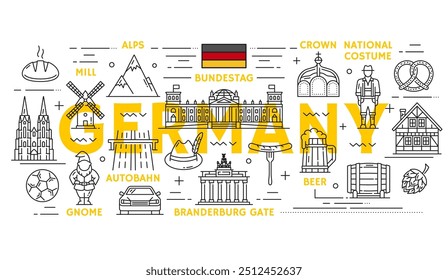 Viajes a Alemania, cultura y Lugares famosos con atracciones turísticas, iconos de líneas de Vector. Bandera de Alemania y Lugares famosos nacionales de Berlín Puerta de Brandeburgo y cerveza de Baviera con arquitectura