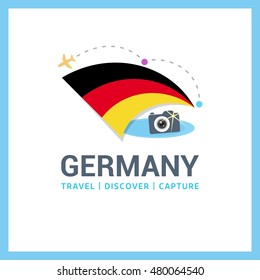 Germany Travel, Discover, Capture logo - Vector travel Photographer logo design - Country Flag Travel, Discover and Photgrapher Conceptual logotype - vector illustration