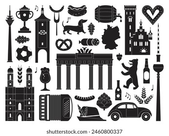 Colección de Elementos de viaje en blanco y negro. Los Clipart alemanes delinean un conjunto de Lugares famosos icónicos, comida tradicional y símbolos culturales populares. No hay arte de IA.