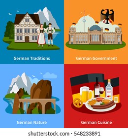 Germany travel flat concept with cultural traditions food architectural buildings beautiful landscapes vector illustration