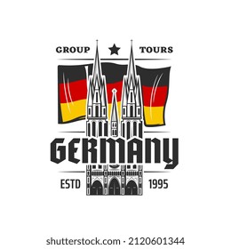 Germany travel icon. Vector flag and medieval Cologne cathedral catholic church with gothic towers. German travel landmark and national banner, tourism and sightseeing isolated sign