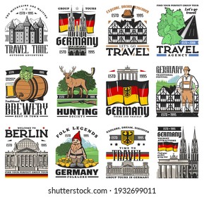 Germany travel icons, German map, Berlin and Munich landmarks, vector. German tourism and culture symbols of Oktoberfest beer and sausage, Deutschland architecture buildings, sightseeing tours