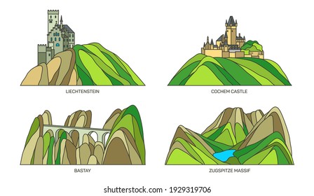 Deutschland reist Wahrzeichen, alte Schlösser Architektur und touristische Sehenswürdigkeiten, Vektorgrafik. Deutschland berühmte Wahrzeichen Lichtenstein Schloss und Cochem schloss, Bastei Felsen und Zugspitze