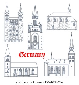 Germany travel landmarks, gothic castles and cathedrals vector icons, Germany buildings. St Maria church in Lemgo and Bielfeld, Hoxter Corvey Abbey, Saint Nikolai chapel in Soest and Pfalz in Aachen svg
