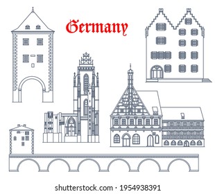 Germany travel landmarks vector icons, German cities buildings of Bavaria and Hessen. Germany landmarks of Forchheim rathaus, Oppenheim Gautor monument, Wetzlar cathedral and Limburg old bridge