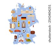 Germany travel map with culture, food and attractions. Brandenburg Gate monument and Reichstag building in Berlin, pretzel and sausage, Neuschwanstein Castle, accordion cartoon vector illustration