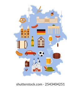 Germany travel map with culture, food and attractions. Brandenburg Gate monument and Reichstag building in Berlin, pretzel and sausage, Neuschwanstein Castle, accordion cartoon vector illustration