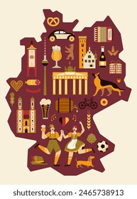 Afiche del mapa de viaje de Alemania con la pareja feliz bávara en la ropa tradicional que sostiene la cerveza. Estampado de diseño vintage alemán con Lugares famosos icónicos, comida tradicional y símbolos culturales populares.