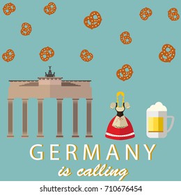 Germany travel poster with famous building,traditional girl,beer and pretzel.Germany is calling typography.Traveling icons for poster,banner,greeting and invitation cards design.Vector illustration.