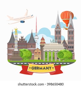 Germany travel poster. Trip architecture concept. Touristic background with landmarks, castles, monuments.