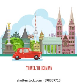 Germany travel poster. Trip architecture concept. Touristic background with landmarks, castles, monuments.