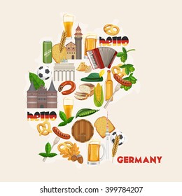 Germany travel poster. Trip architecture concept. Touristic background with landmarks, castles, monuments, german cuisine, beer, sausage, pretzel.