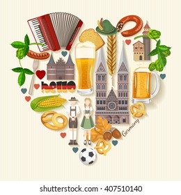 Germany travel poster. Trip architecture concept. Touristic background with landmarks, castles, monuments, german cuisine, beer, sausage, pretzel.