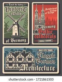 Germany Travel Retro Posters, German Landmarks And Berlin City Buildings, Culture And Tourism, Vector. German Gothic Architecture, Castles, Cathedrals And Historic Mills, Europe Travel Destinations