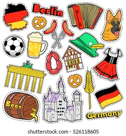 Alemania Viajes Stickers, Patches, Badges para impresiones con Sausage, Bandera, Arquitectura y Elementos Alemanes. Doodle de vectores de estilo cómico