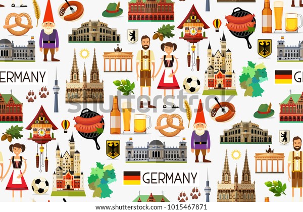 Germany Travel Seamless Pattern. Map of\
Germany and Travel Icons. Vector\
Illustration.