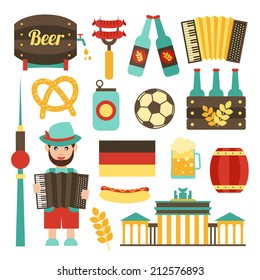 Germany travel tourist attractions food and beer icons set isolated vector illustration