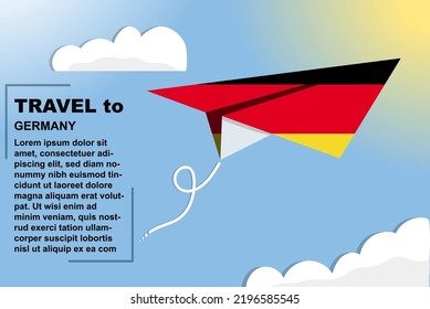 Germany travel vector banner with paper flag and text space, Germany country flag on paper plane, holiday and vacation concept, summer travel template and pattern, flight ticket idea