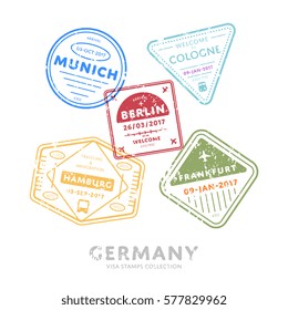 Germany travel visa stamps vector isolated on white background. Arrivals sign rubber stamps. Munich, Cologne, Berlin, Hamburg, Frankfurt city sign.